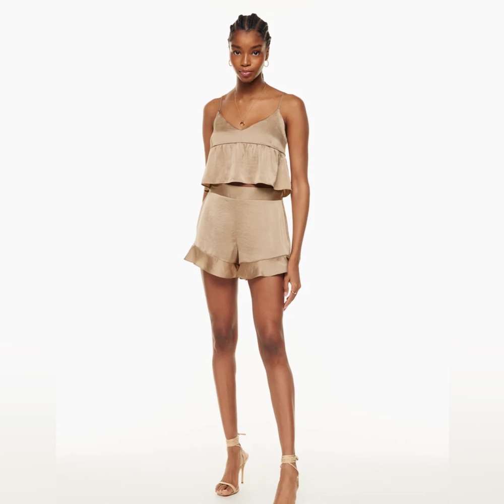 Aritzia NWT Arcadia satin short in gold camel